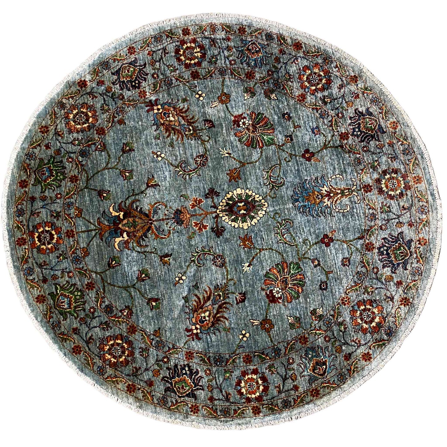 Round Khorjin wool rug in light blue-gray with a colorful floral ornamental pattern