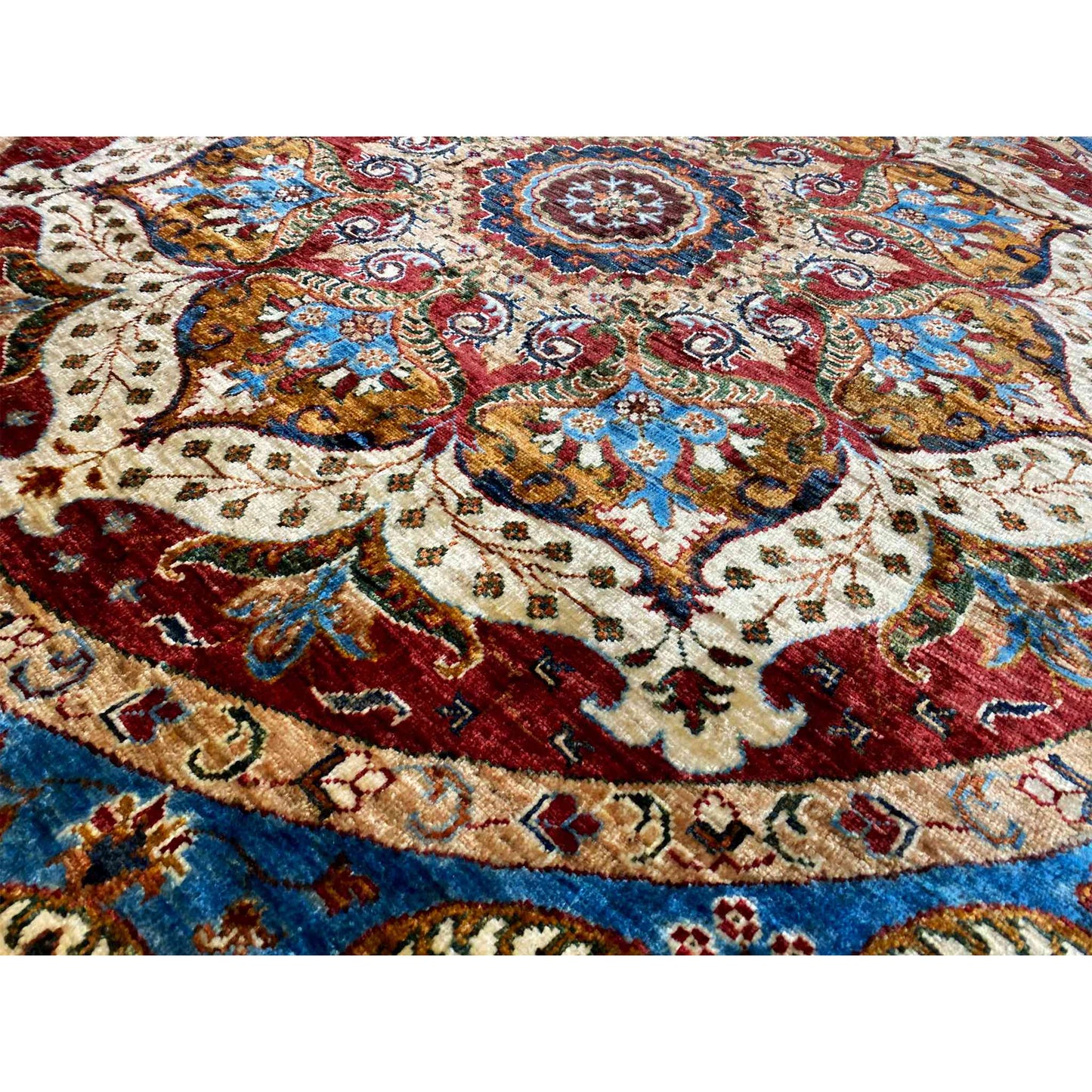 Octagonal rug close-up: colorful ornaments and patterns in the interior area