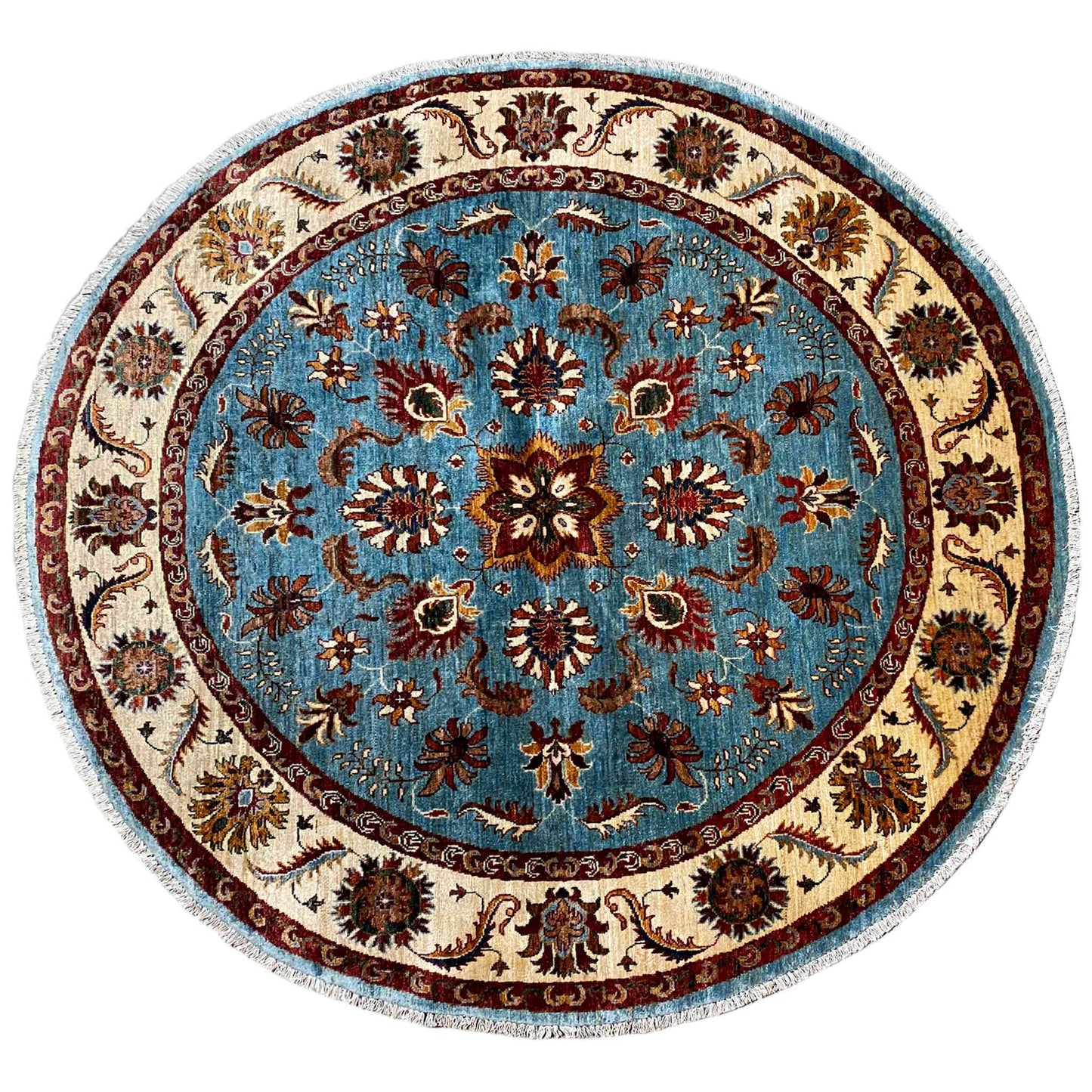 Round hand-knotted Khorjin rug with a blue medallion and richly decorated border