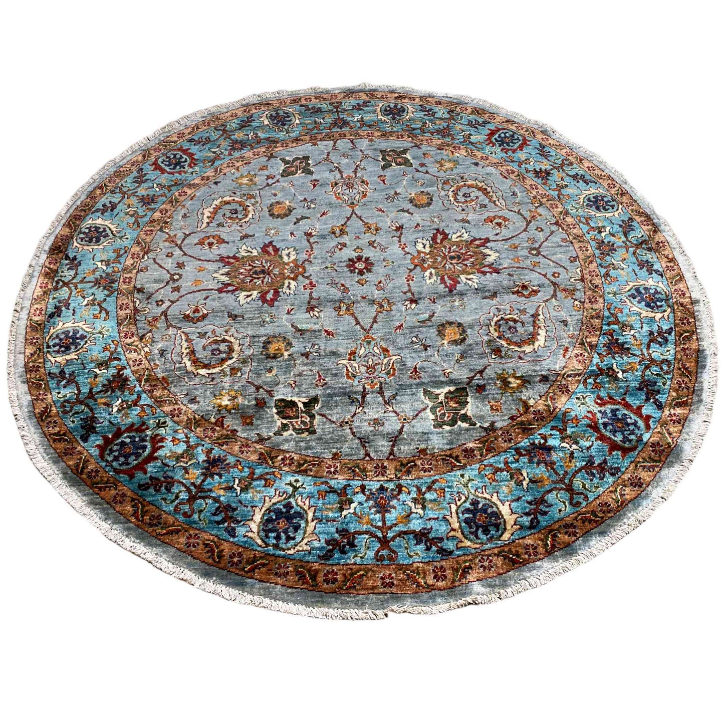 Round wool rug with a gray pile pattern, turquoise-blue border, and floral medallions
