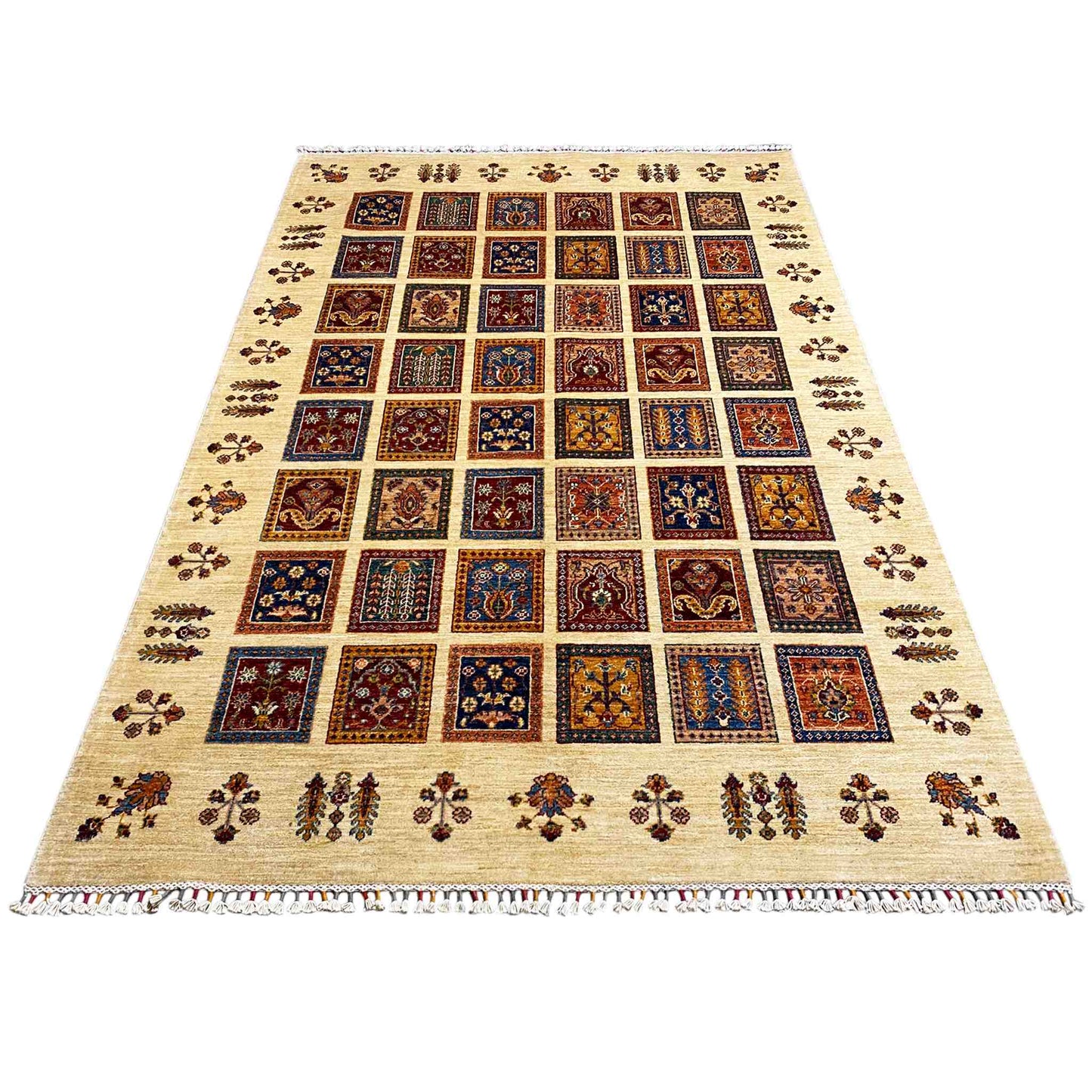 Beige rug with a large diamond and tile pattern, colorful border panels