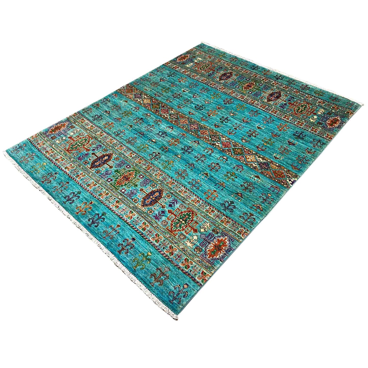 Petrol-blue rug with a diagonal view, colorful decorative panels, and a border trim