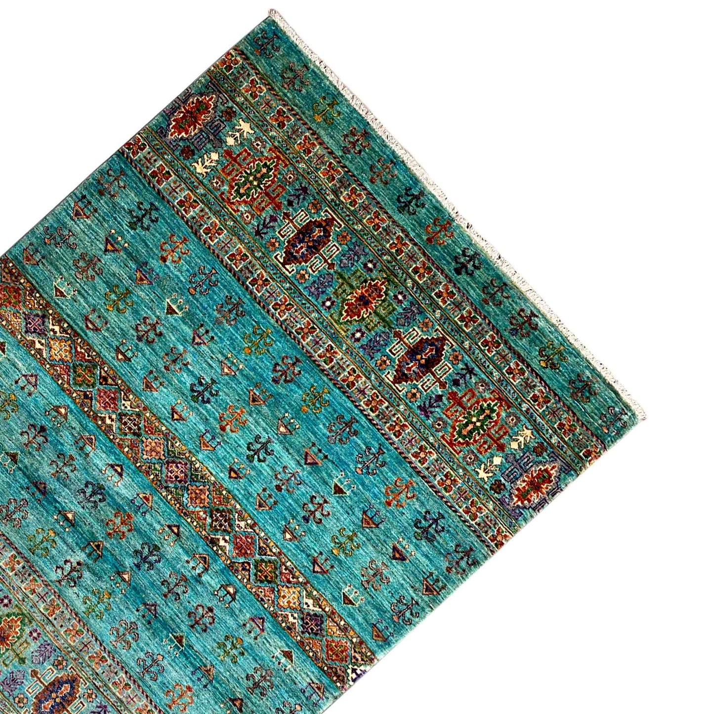 Carpet in petrol blue with decorative band patterns and a multicolored central section