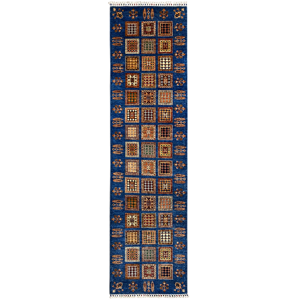 Hand-knotted Khorjin runner, blue with a square pattern, fringes