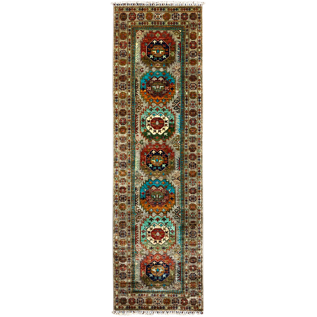 Khorjin runner with multicolored medallion patterns and a beige background color
