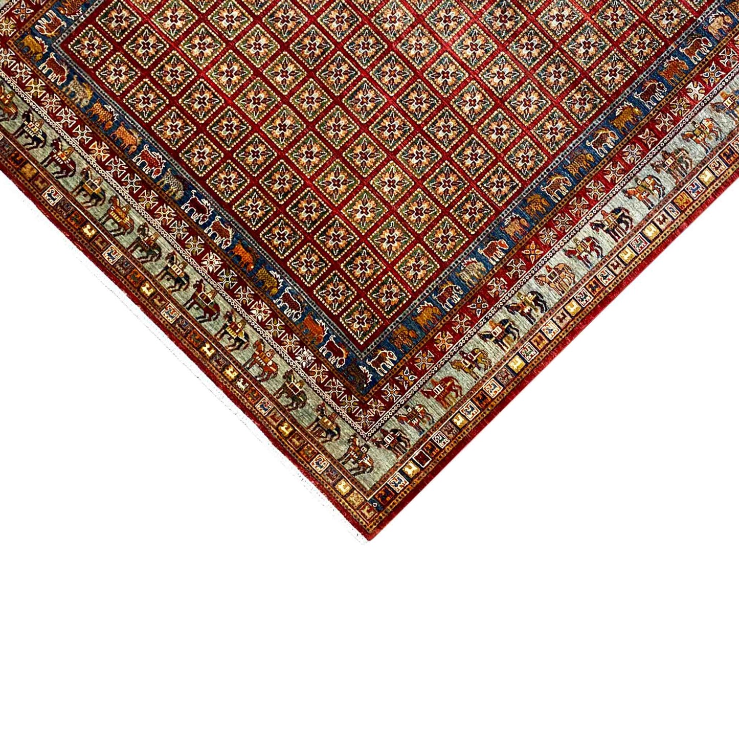 Khorjin Teppich - Geometrisches Paneel, Reiches Rot & Stammesbordüren, 285x258 cm - German Carpet Shop