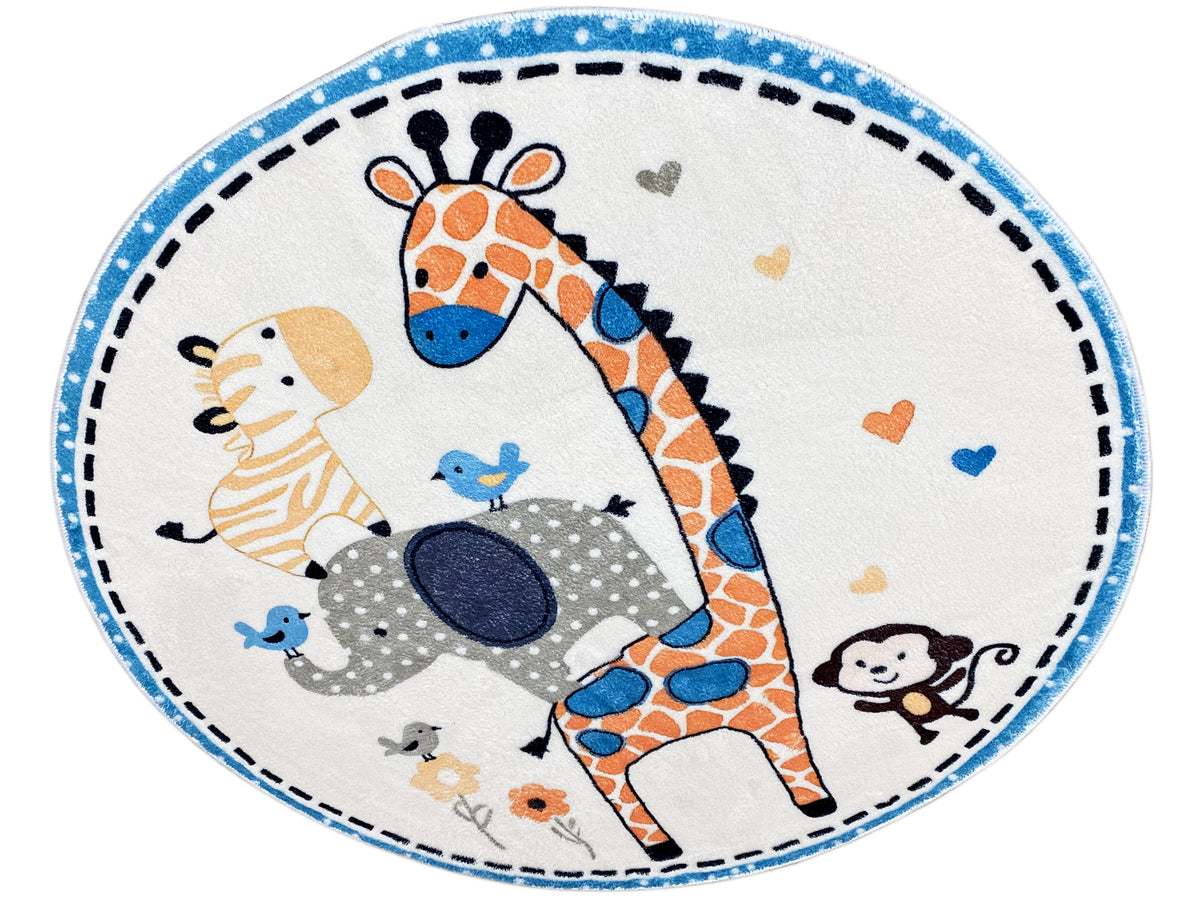 Runder Kinderteppich mit Giraffe, Elefant und Löwe, blau gepunktete Umrandung