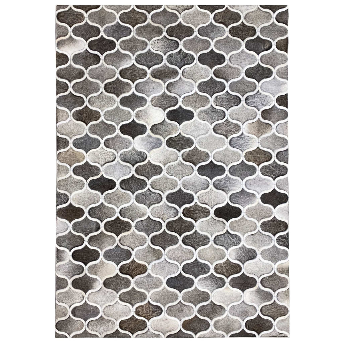 Calfskin rug with a geometric grid pattern, trimmed in gray-brown and white
