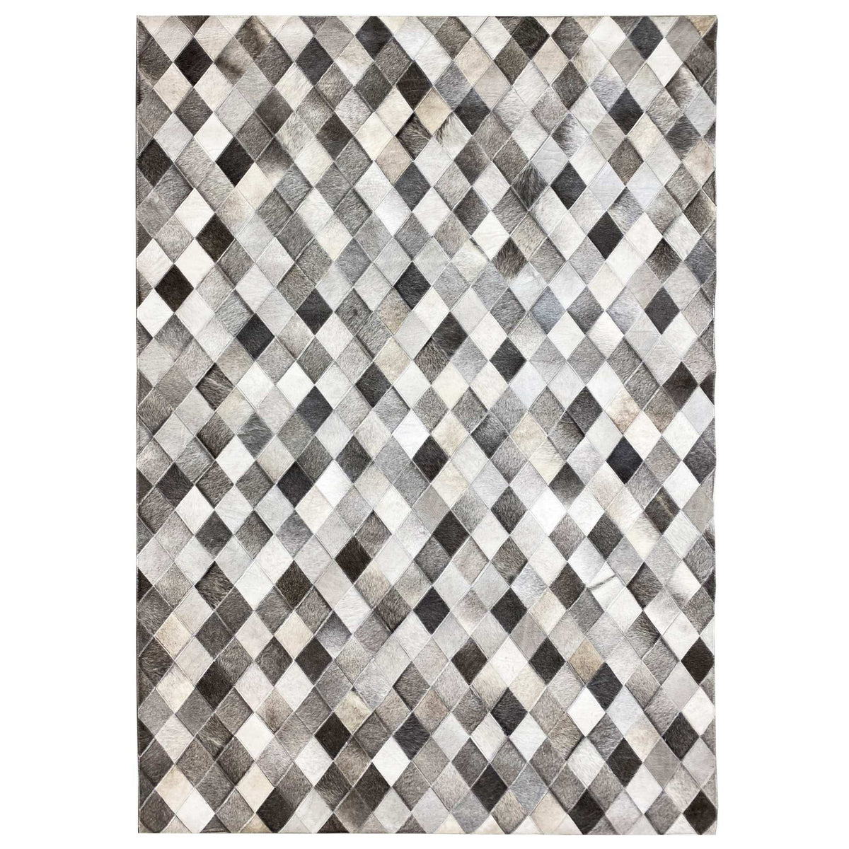 Square calfskin rug with a diamond pattern in gray, white, and black