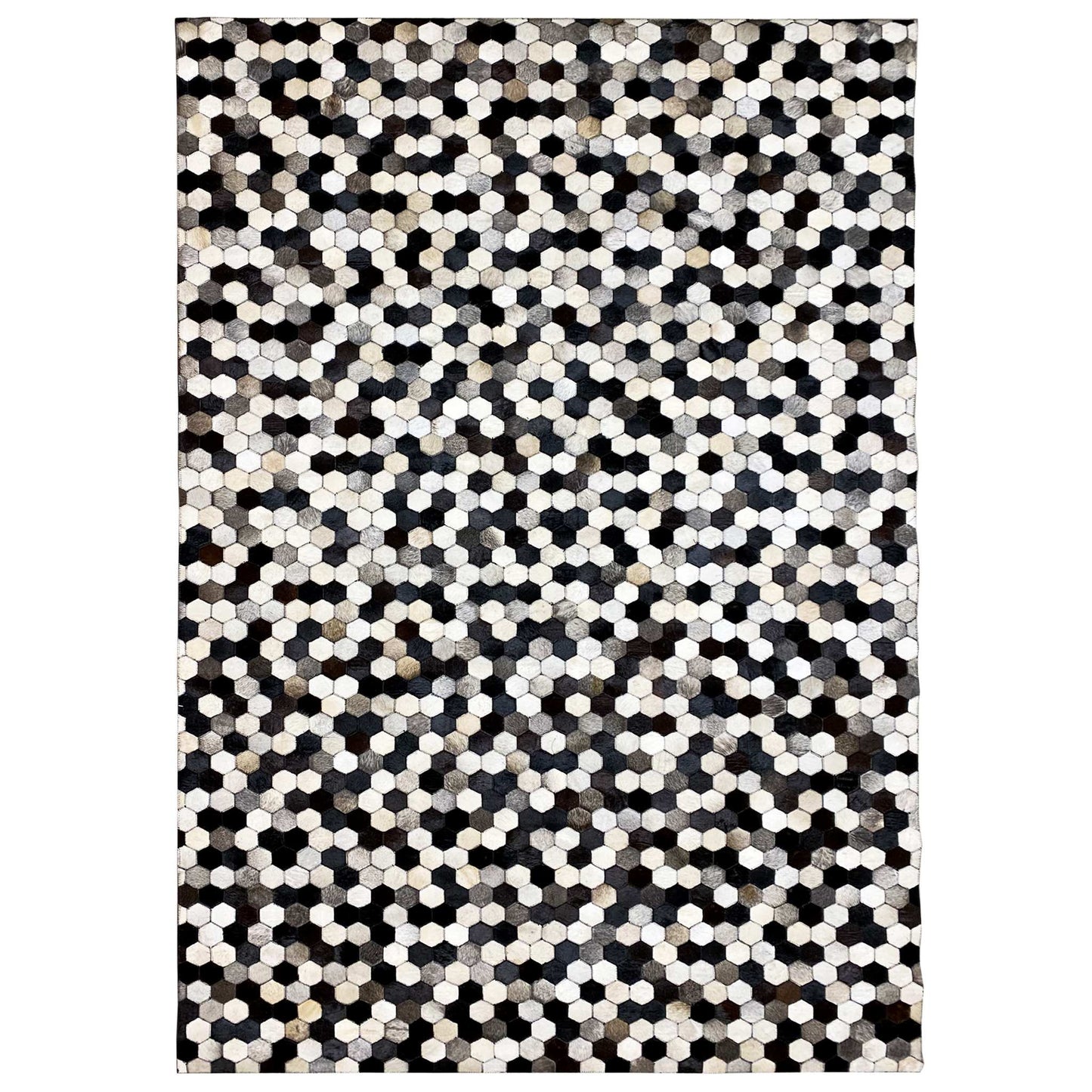 Hexagonal calfskin rug with a black-white-gray hexagon pattern, rectangular, flat-woven