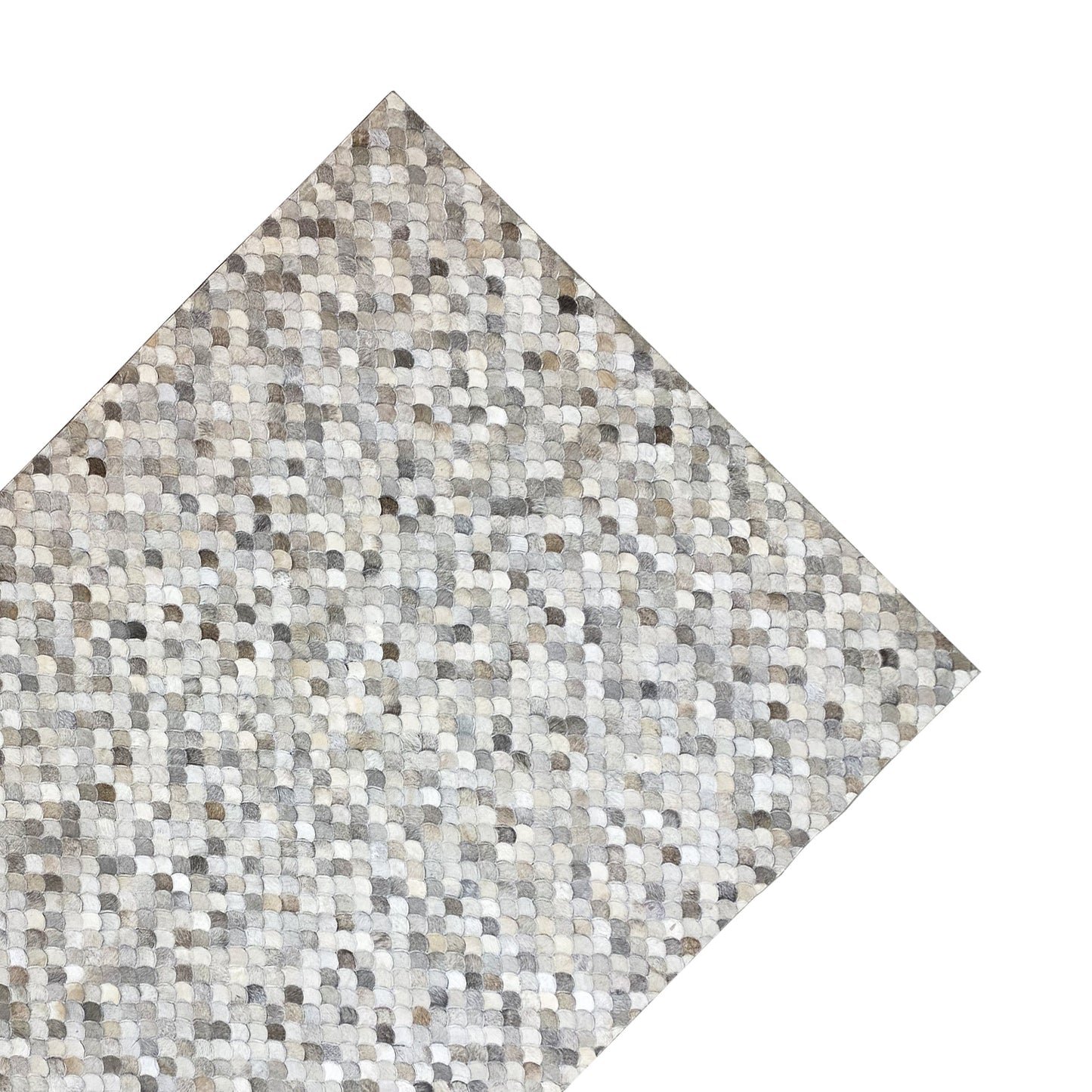 Shell calfskin rug with a shell pattern in light beige and gray, slanted cutout
