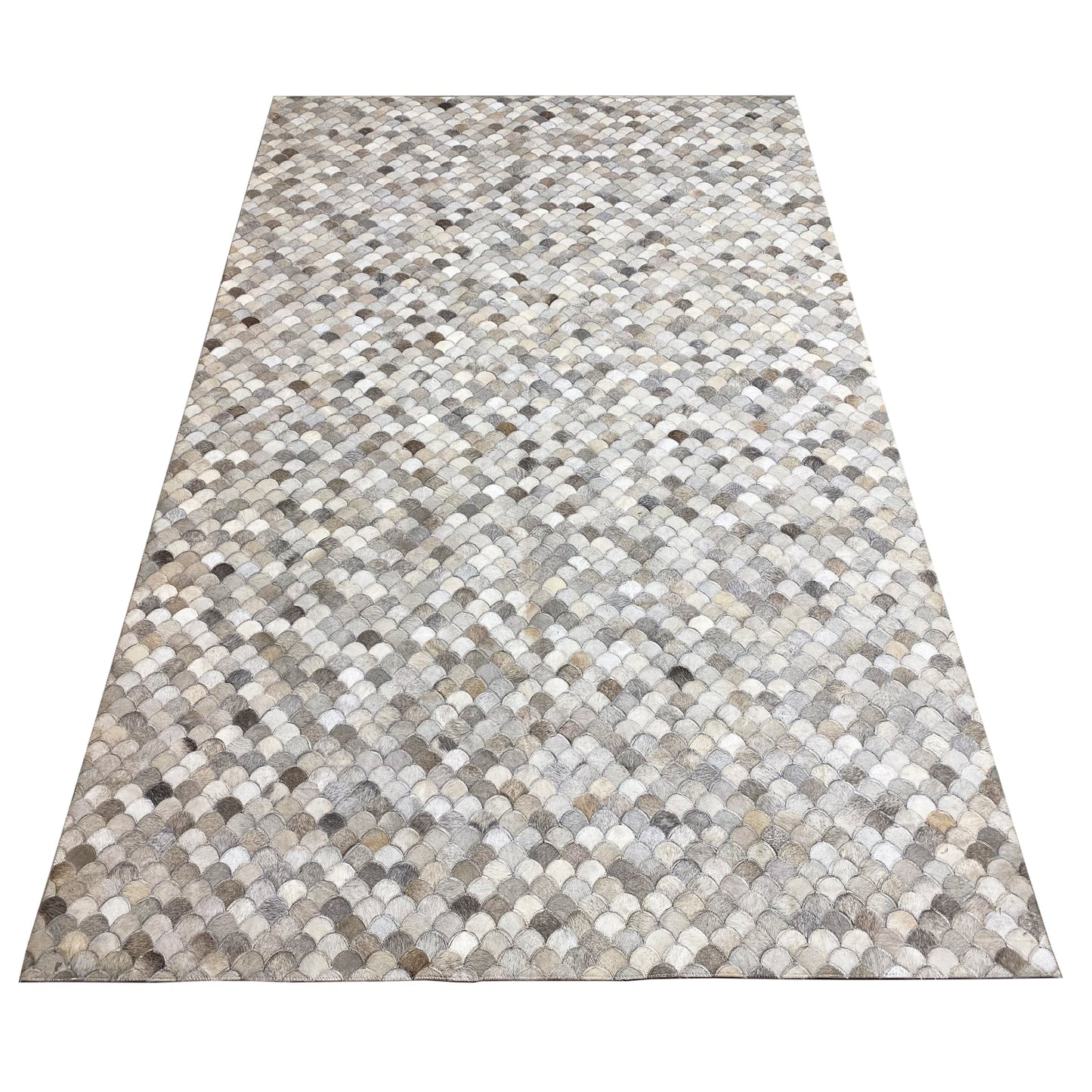 Shell calfskin rug, large-scale; shell pattern in beige and gray