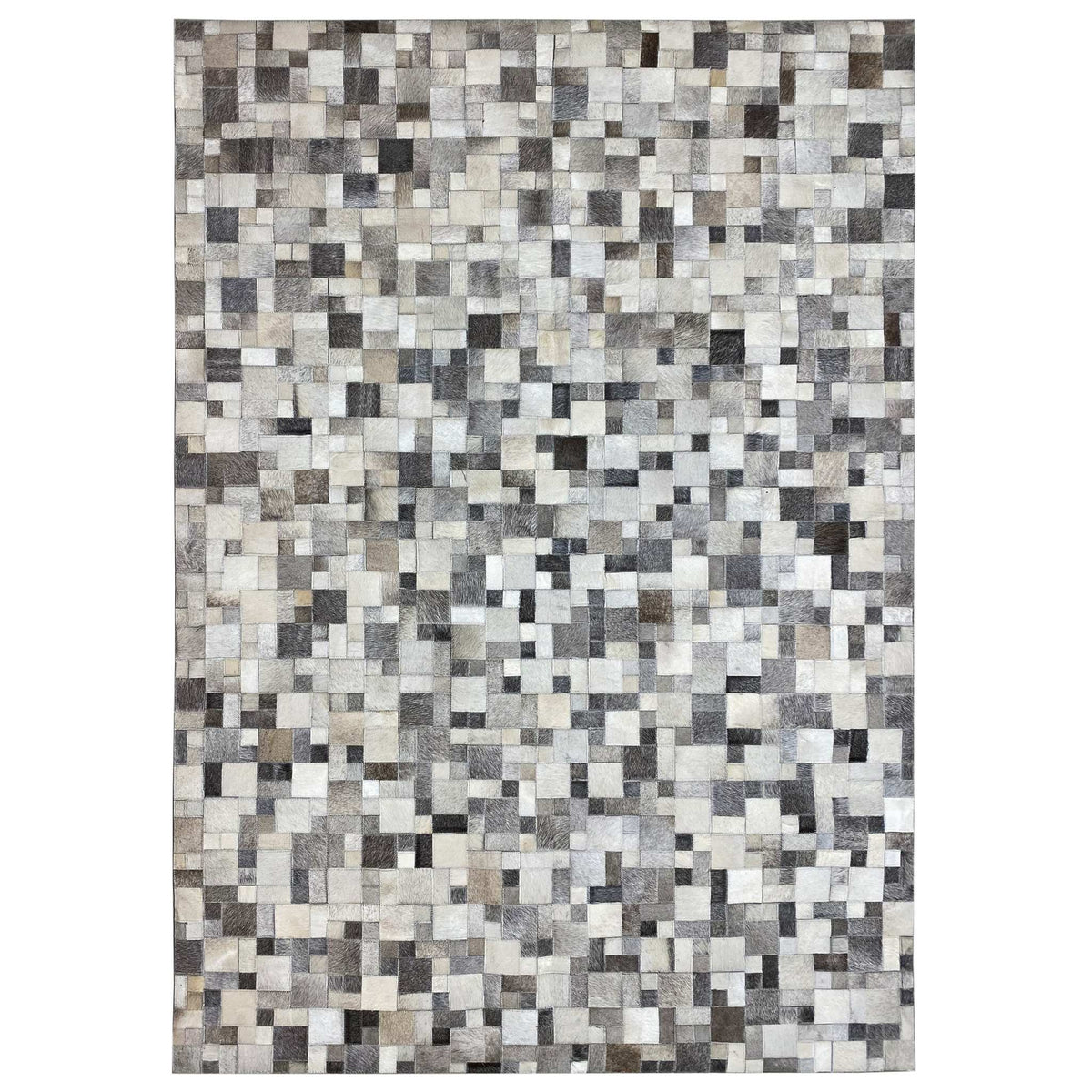 Calfskin rug with a geometric tile pattern in gray, cream, and black, square