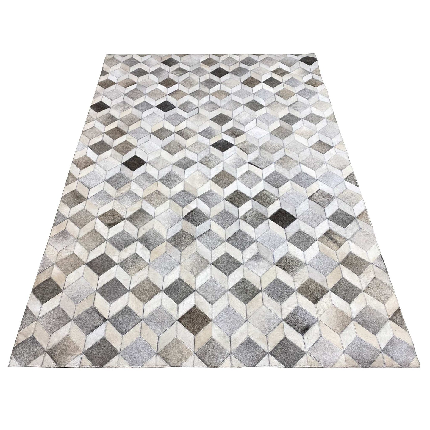 Geometric calfskin rug, flat-laying, cube pattern in light gray tones