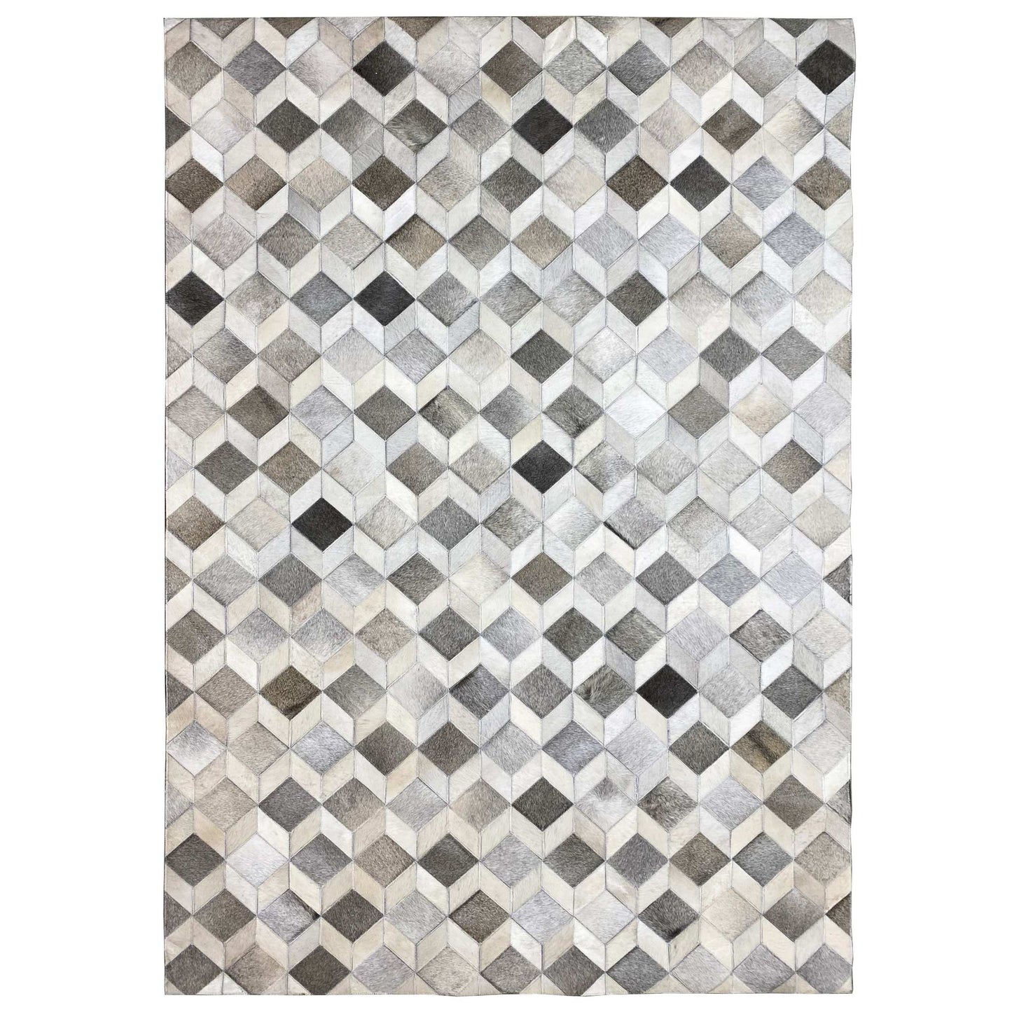 Geometric calfskin rug with a cube pattern in gray, beige, and black