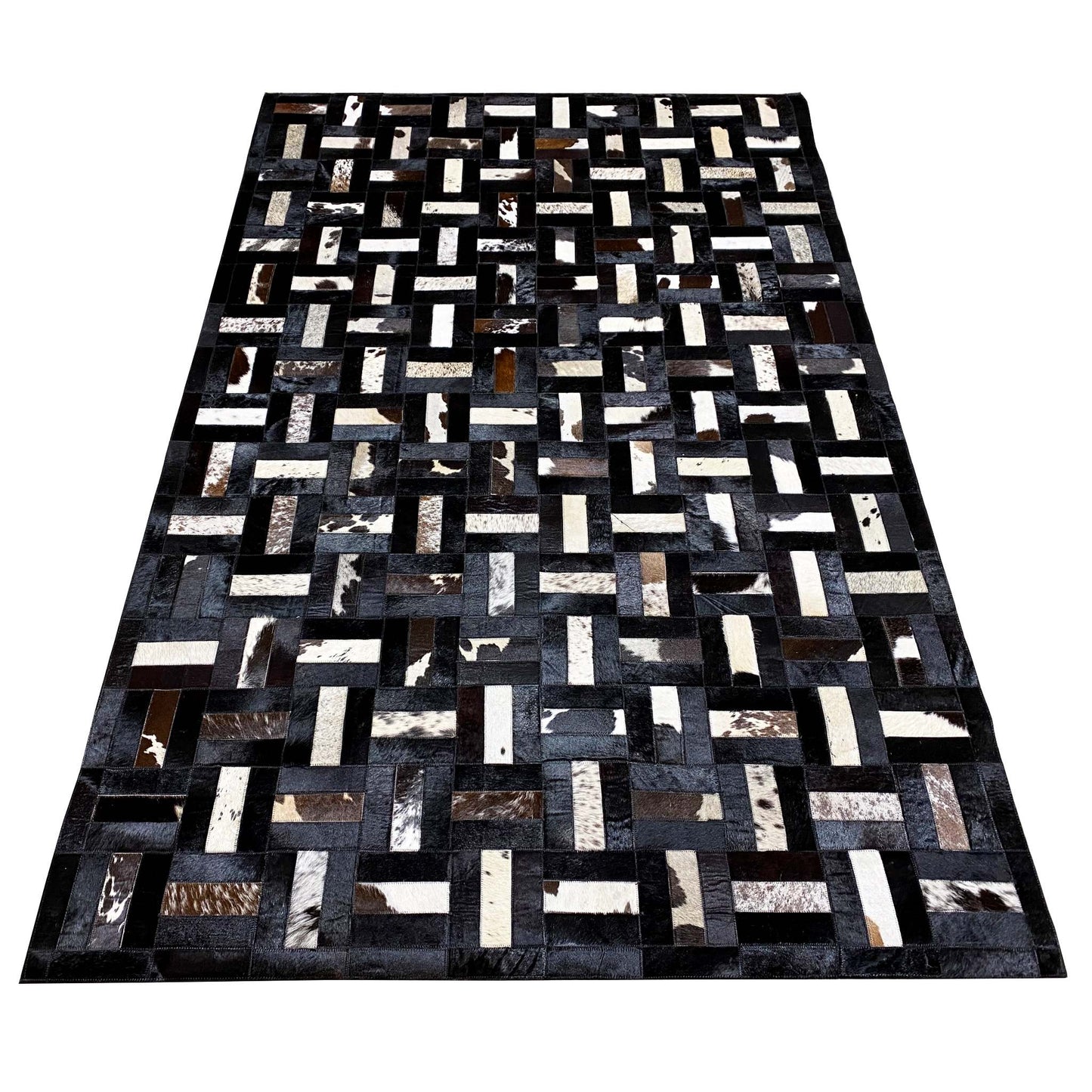 Geometric calfskin rug with block grid, black-gray and white, large