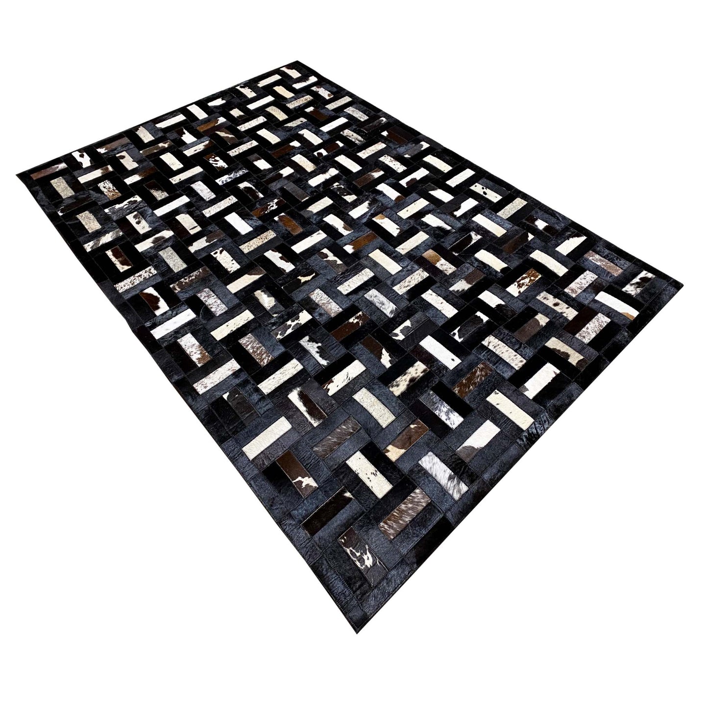 Calfskin rug with a diamond pattern, black and gray with white and brown flecks