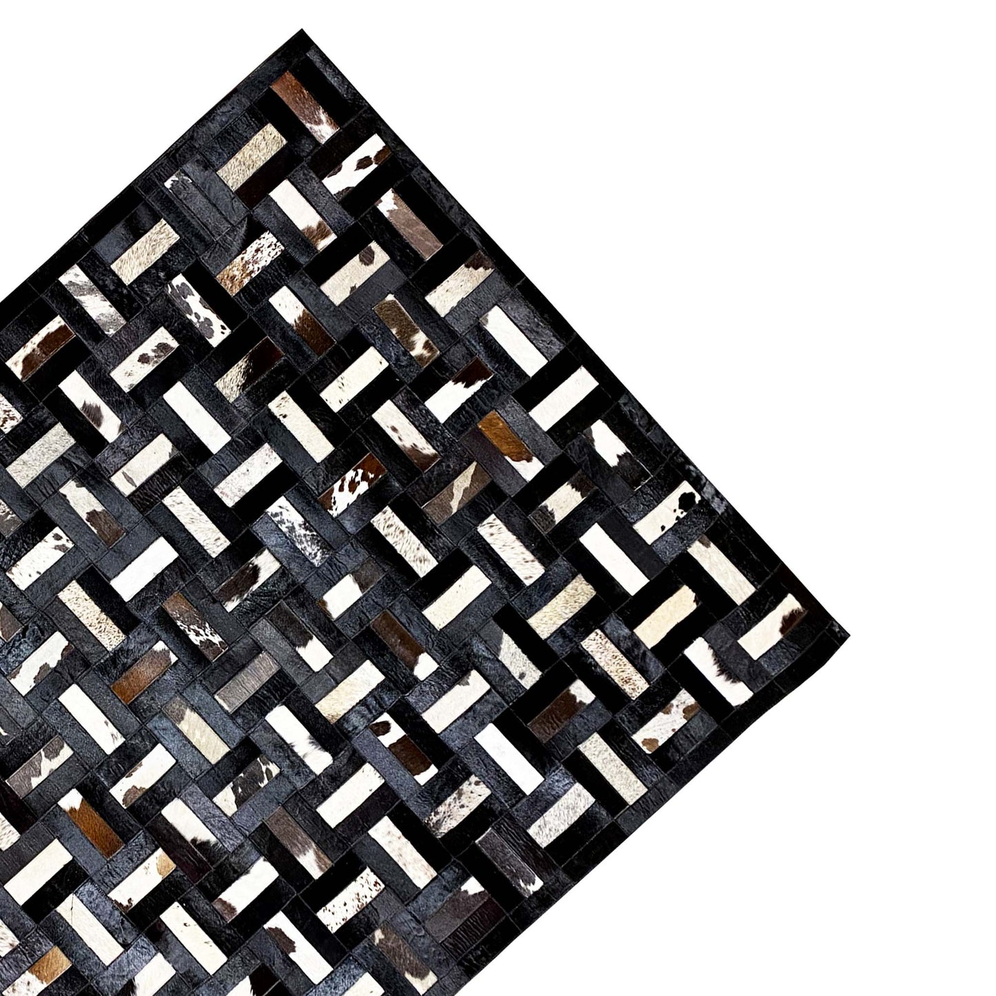 Geometric calfskin rug, diagonal view, black and gray with white block stripes