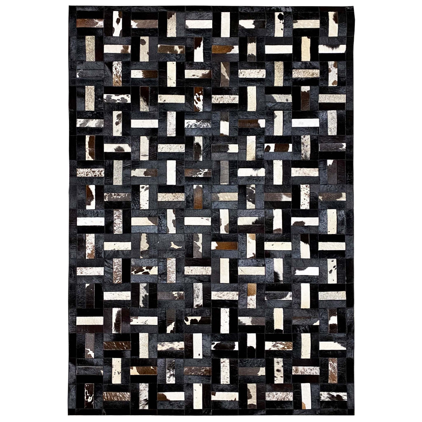 Geometric calfskin rug: black-gray, white block pattern, 160×248 cm