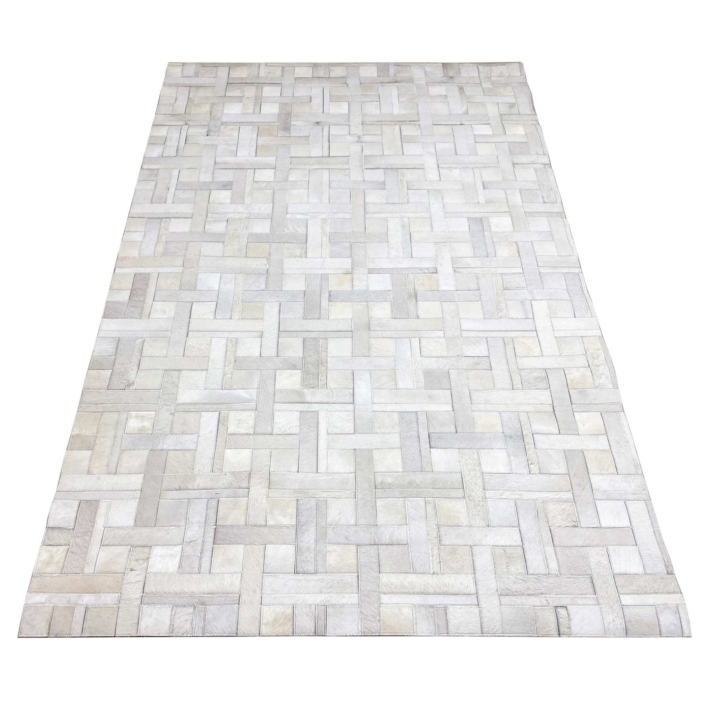 Flat leather rug with brick pattern, light gray and white, rectangular