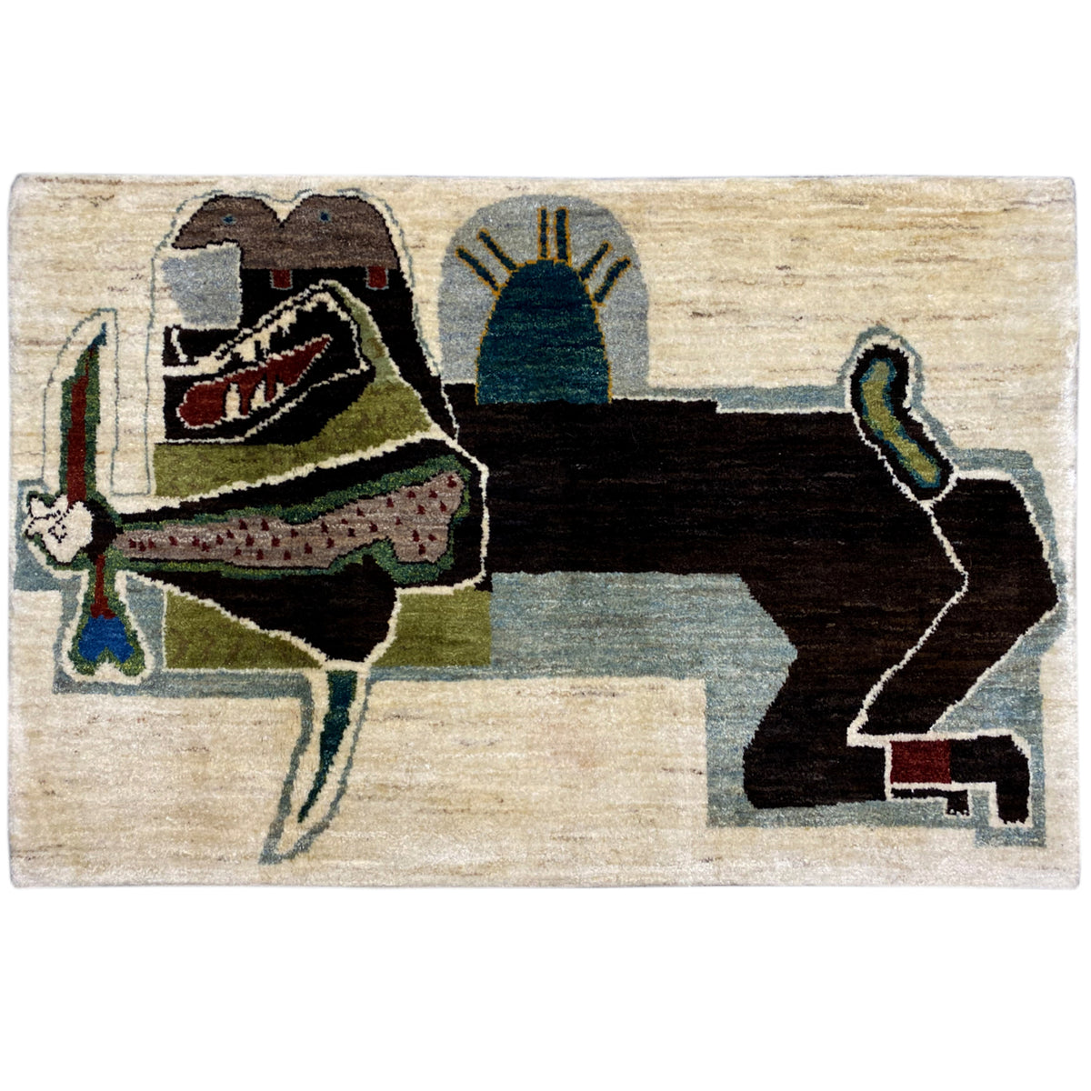 Gabbeh rug with a beige background and multicolored figurative design, black outlines