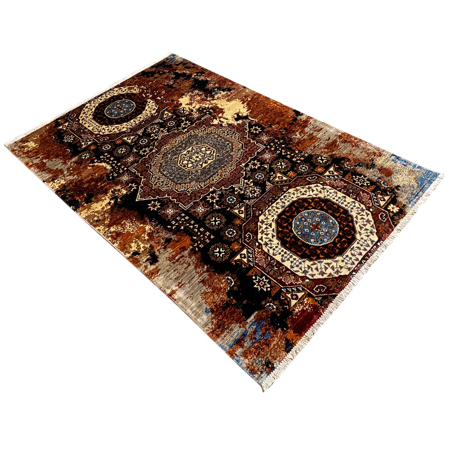 Mamluk rug 184x124 cm with ornaments in brown, beige, and a blue circle