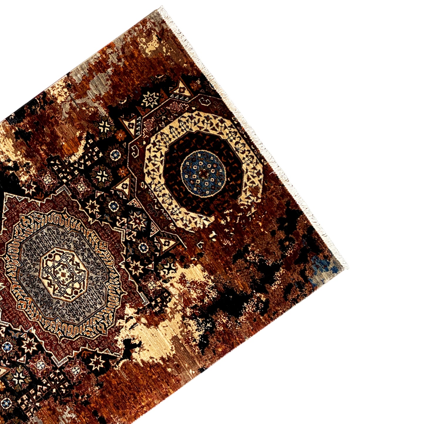 Mamluk rug 184x124 cm, corner with patterned border, brown-beige and blue circle