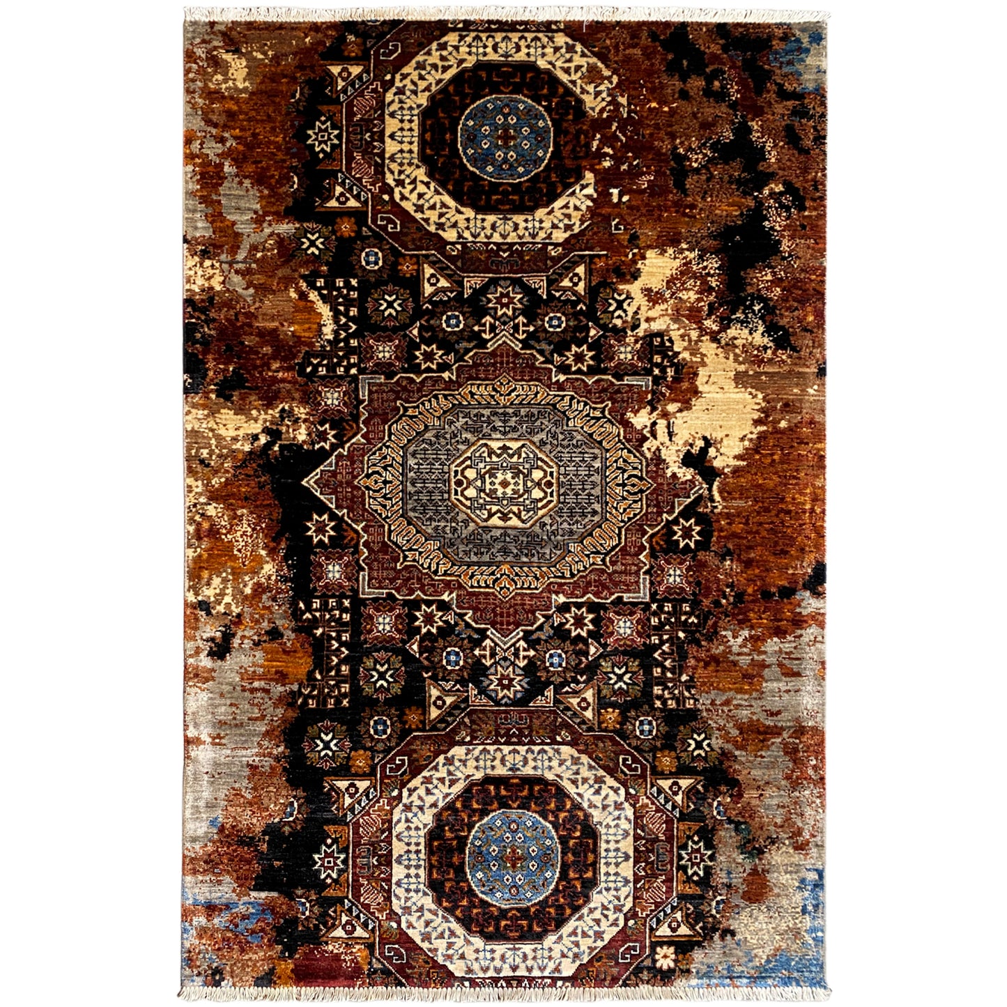 Mamluk rug 184x124 cm with a brown-beige mosaic pattern and blue medallions