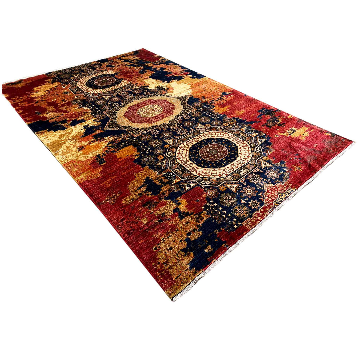 Mamluk wool rug in a diagonal design, red and blue ornamental pattern with medallions