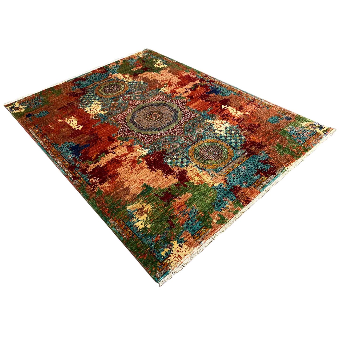 Mamluk rug 236x180 cm, diagonal view with medallions and a multicolored gradient effect
