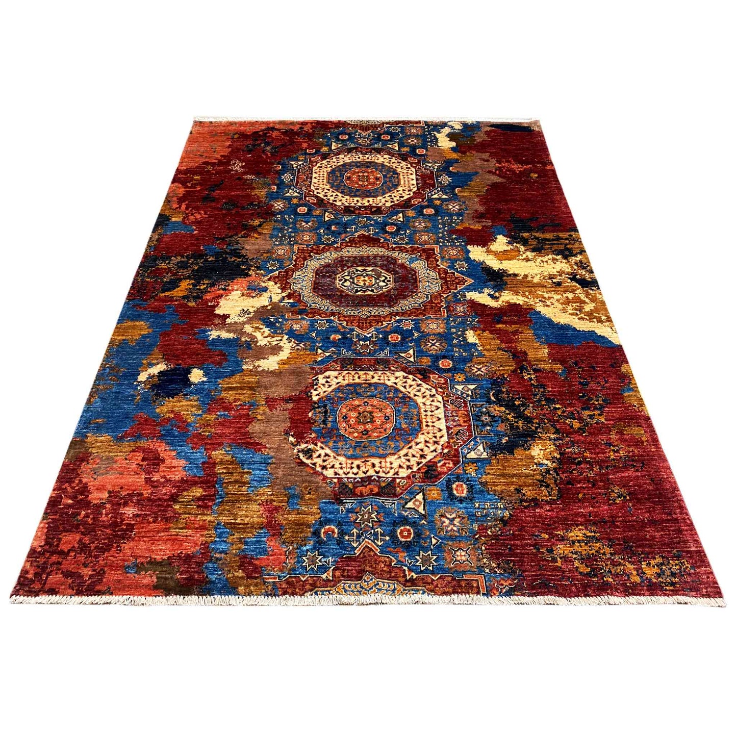 Rug 244x179 cm, large-scale medallion pattern in red, blue, and gold