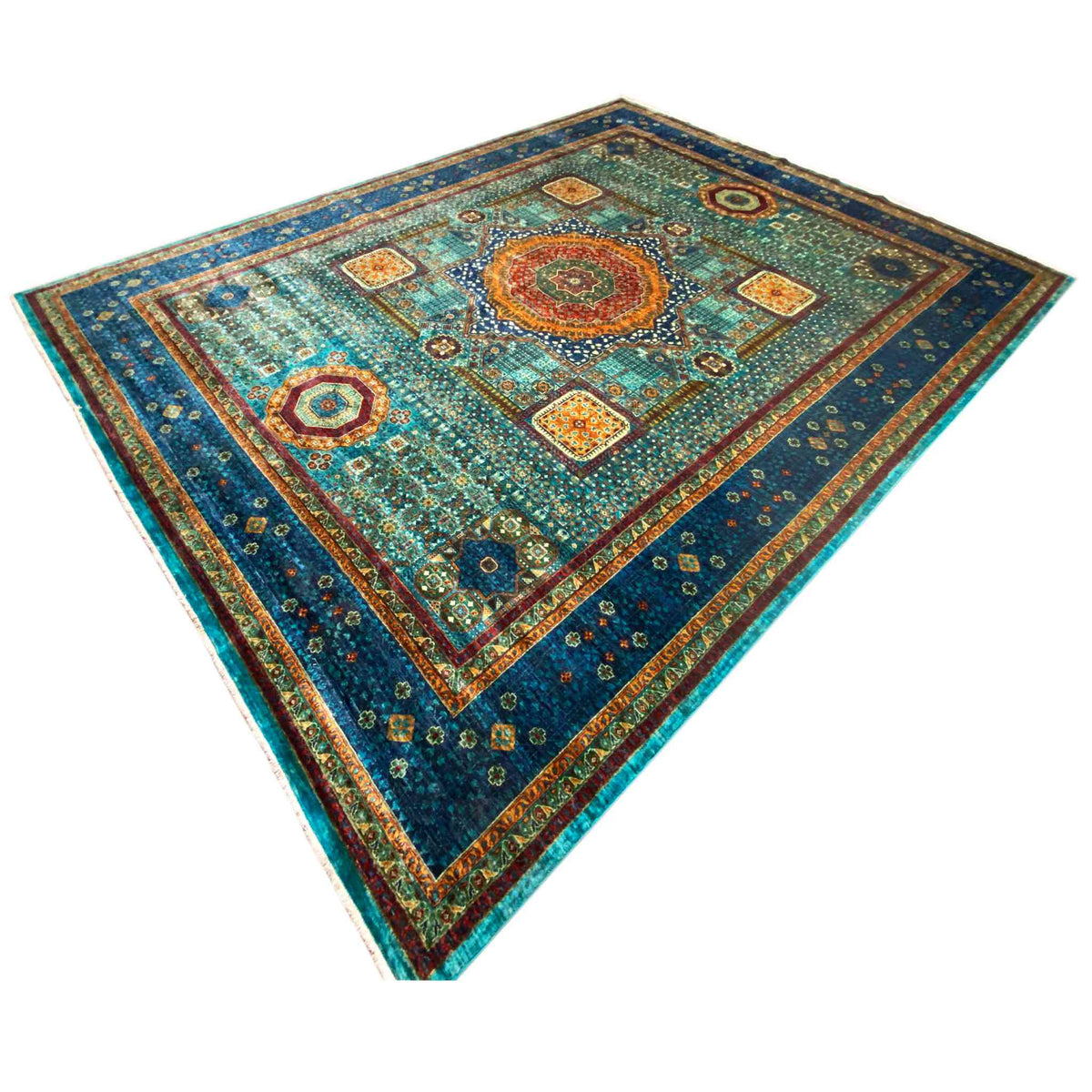 Hand-knotted Mamluk rug, square medallion pattern in turquoise, blue, and orange