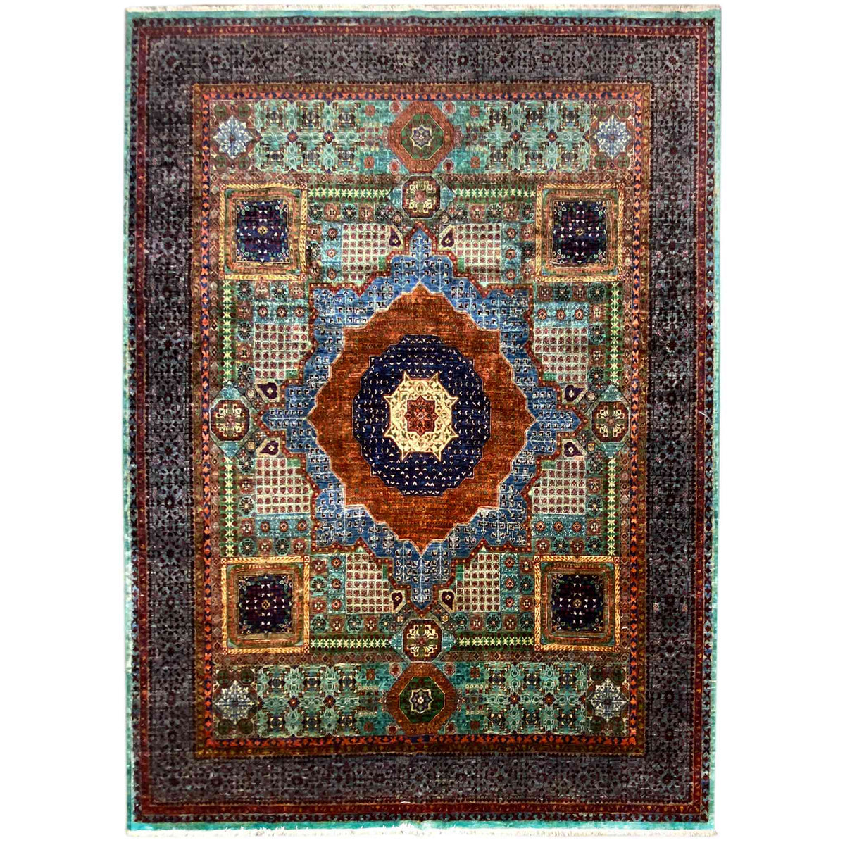 Hand-knotted Mamluk rug: dark medallion pattern in blue, green & orange