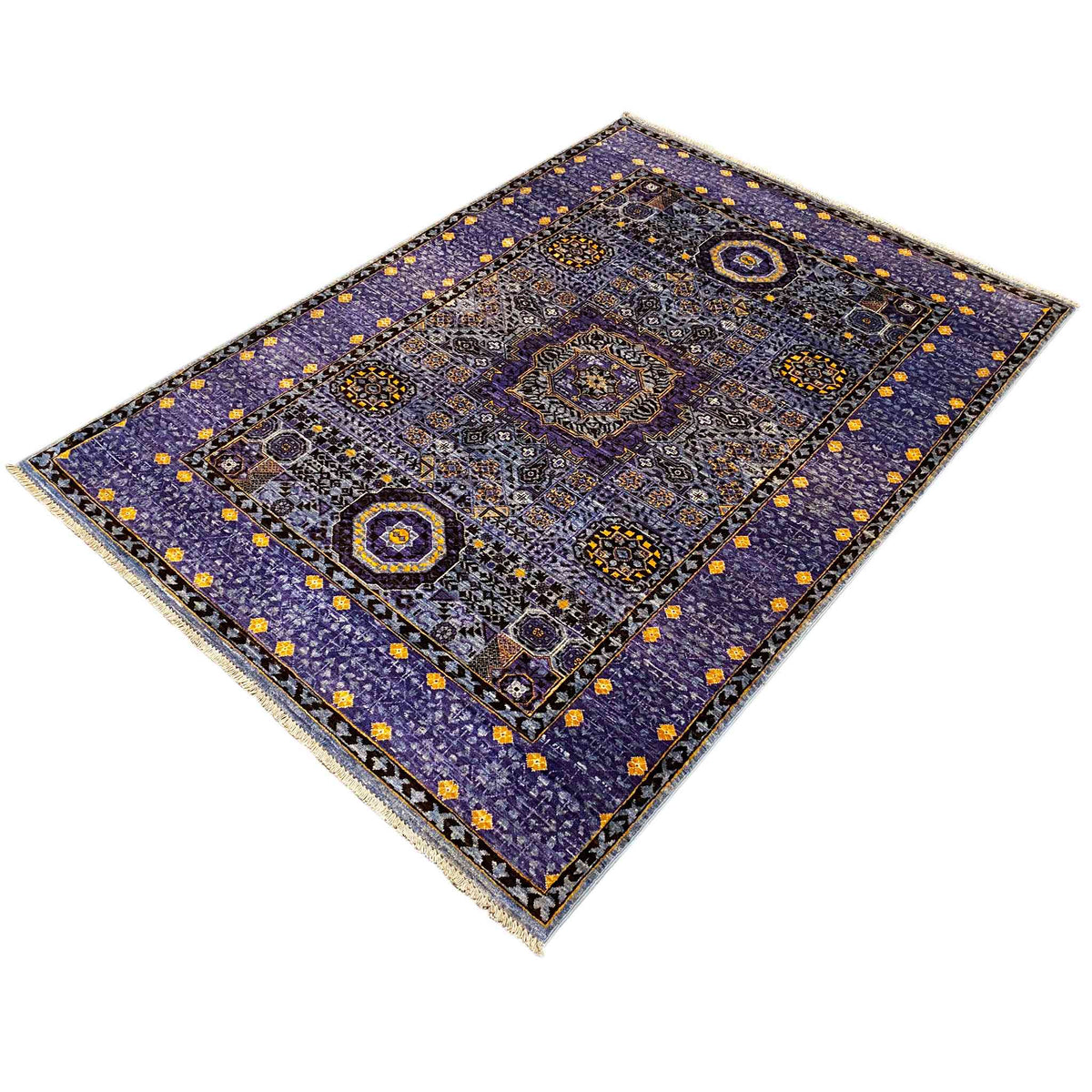 Rug with a central medallion and surrounding borders in blue and yellow