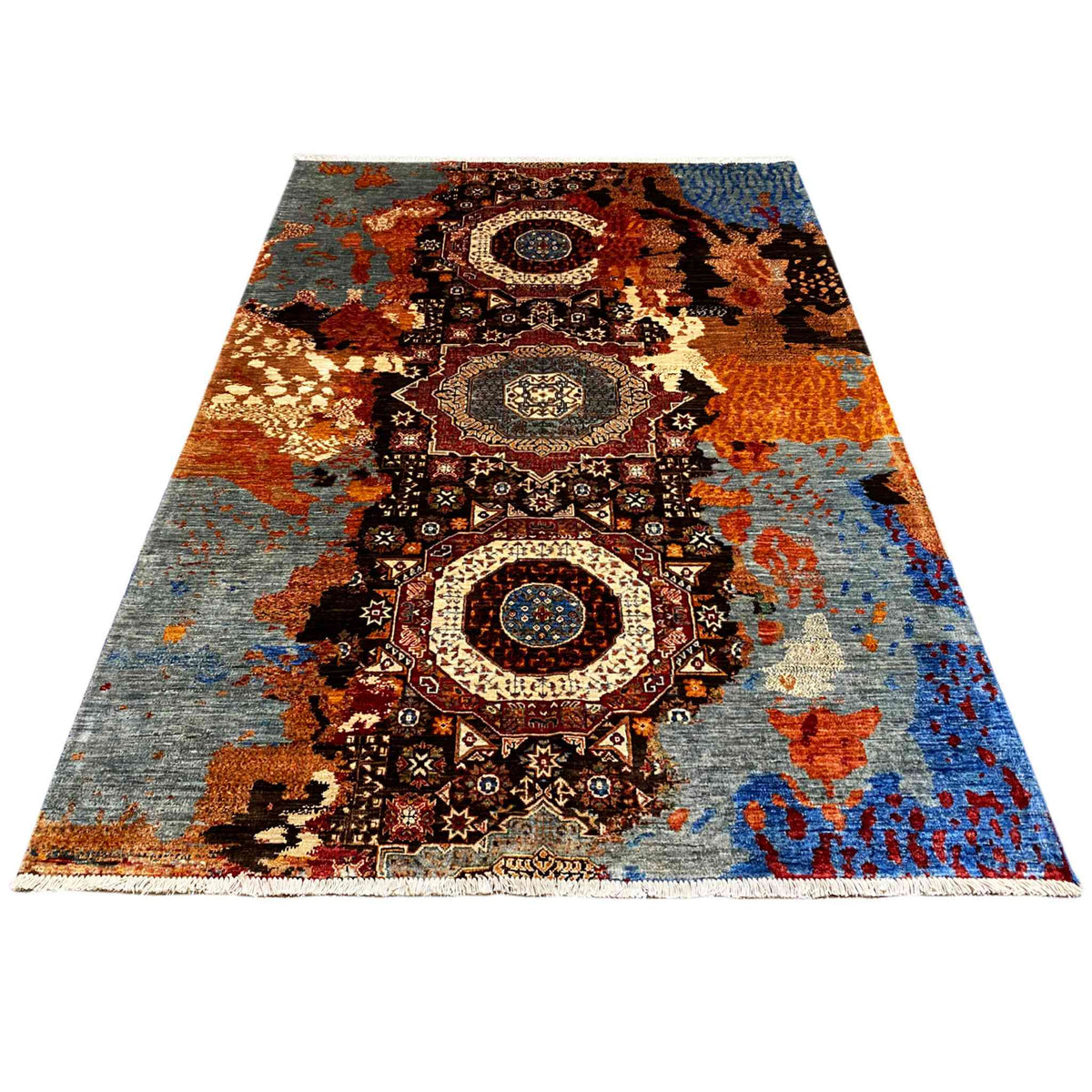 Hand-knotted Mamluk rug with central medallion, brown/blue/gray, rectangular