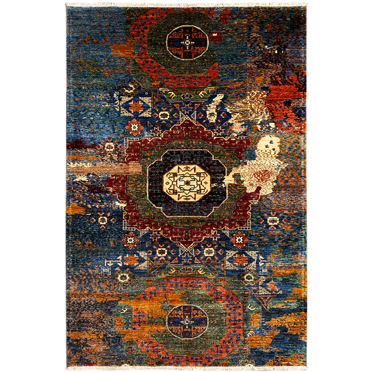 Hand-knotted Mamluk rug with a geometric pattern in blue, orange, and red, centered