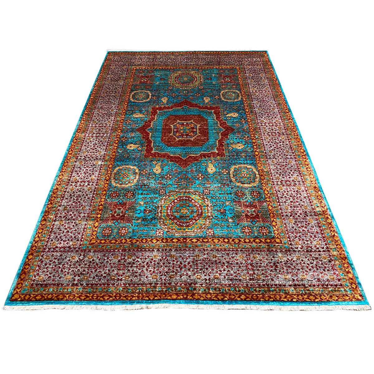 Hand-knotted carpet, laid flat, with turquoise and brown ornaments