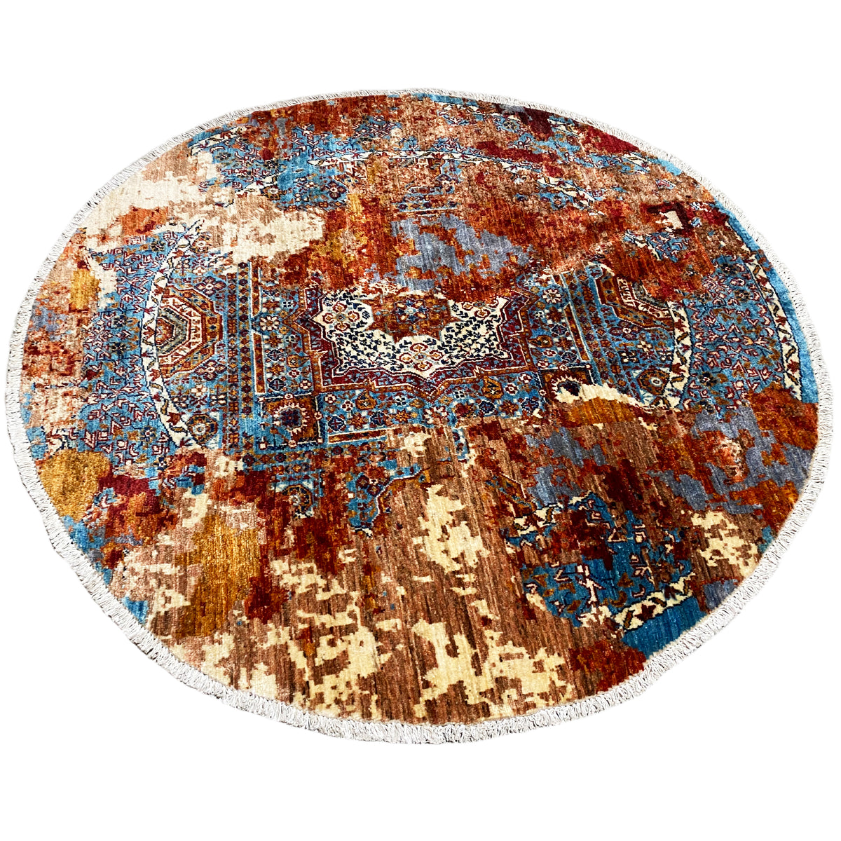 Round Mamluk rug with an asymmetrical mix of ornaments in blue, rust brown, and beige