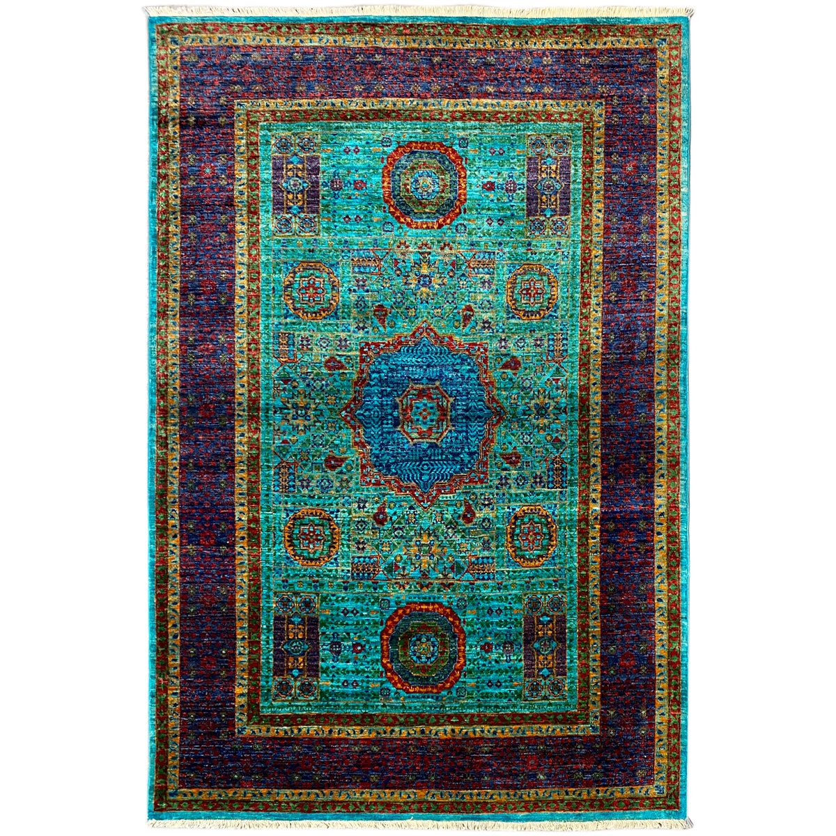 Hand-knotted Mamluk rug with a turquoise central field and dark blue border frame