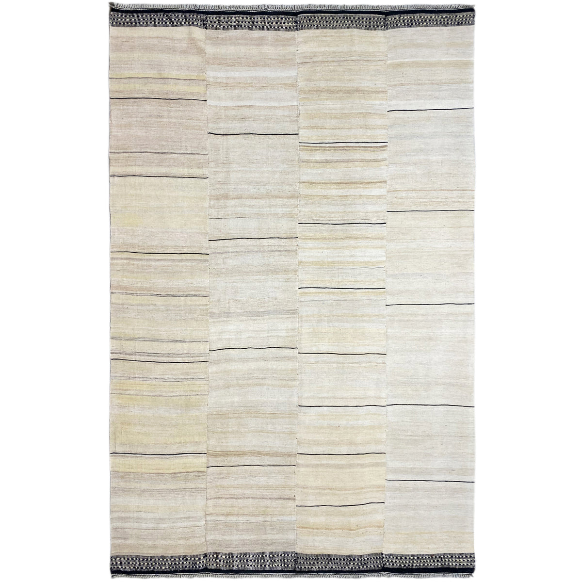 Persian kilim rug in cream with light stripes and a dark gray border