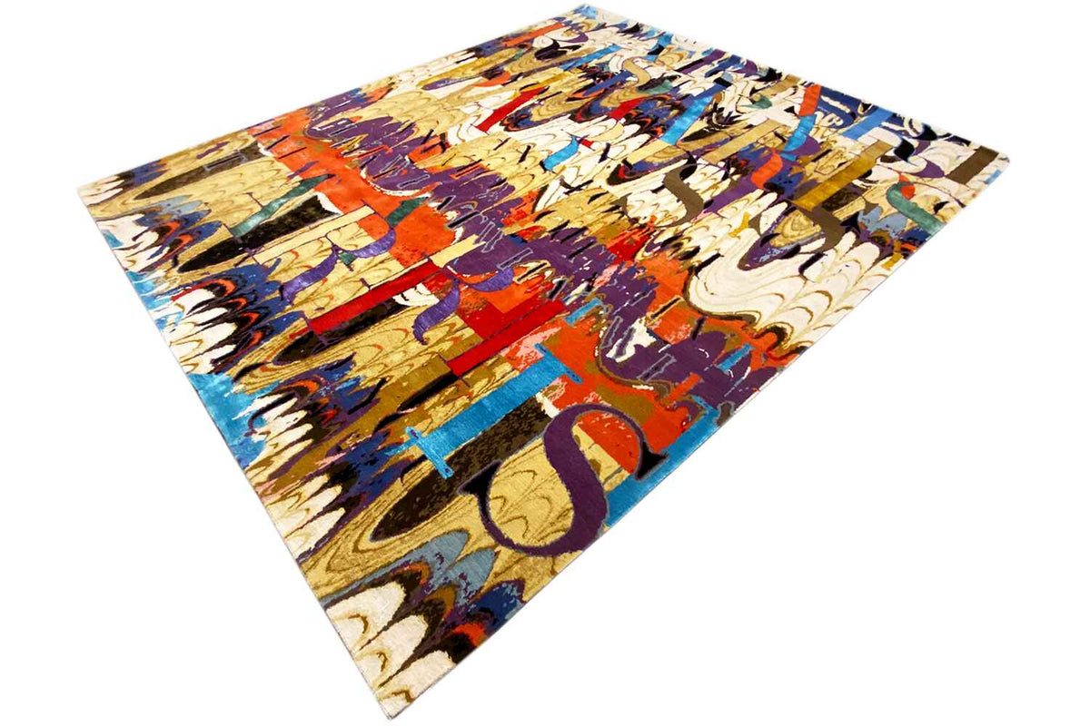 Triangular view of a colorful designer rug with abstract shapes and lines