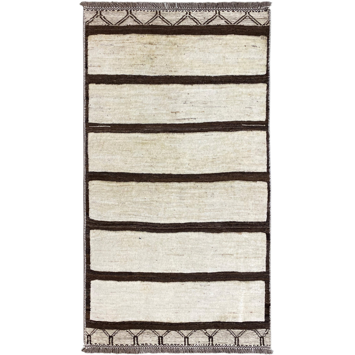 Handwoven rug 161x92 cm with beige areas and brown stripes, hemmed