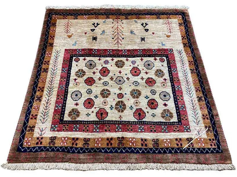 Rug with a square central field, dark border, and beige side ornaments