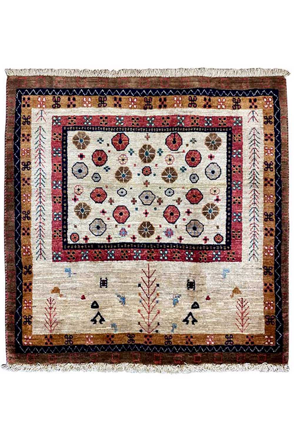 Rug with a rectangular border, a white-and-beige center, and colorful symbols