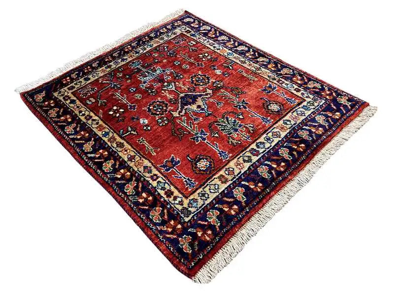 Red rug with a floral ornamental pattern, dark blue border, and fringes