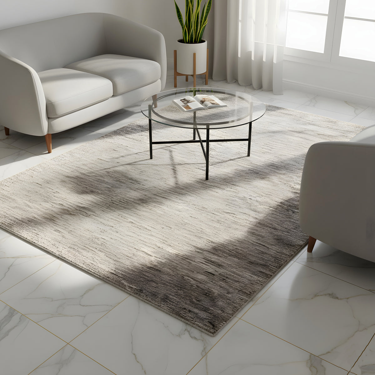 Rectangular Gabbeh rug with a mottled gray-brown pattern, short pile height