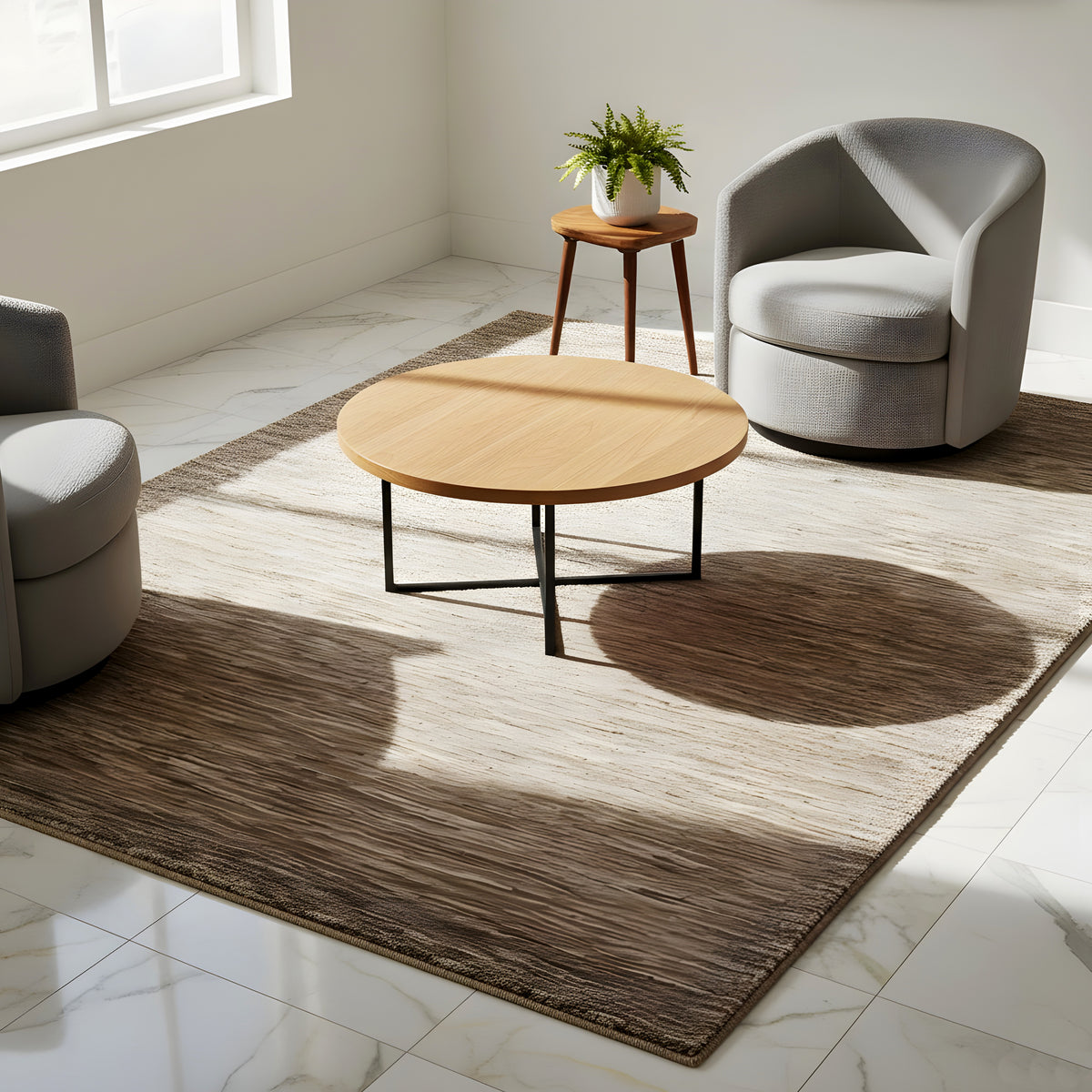 Brown-beige marled Gabbeh rug on a light floor, rectangular