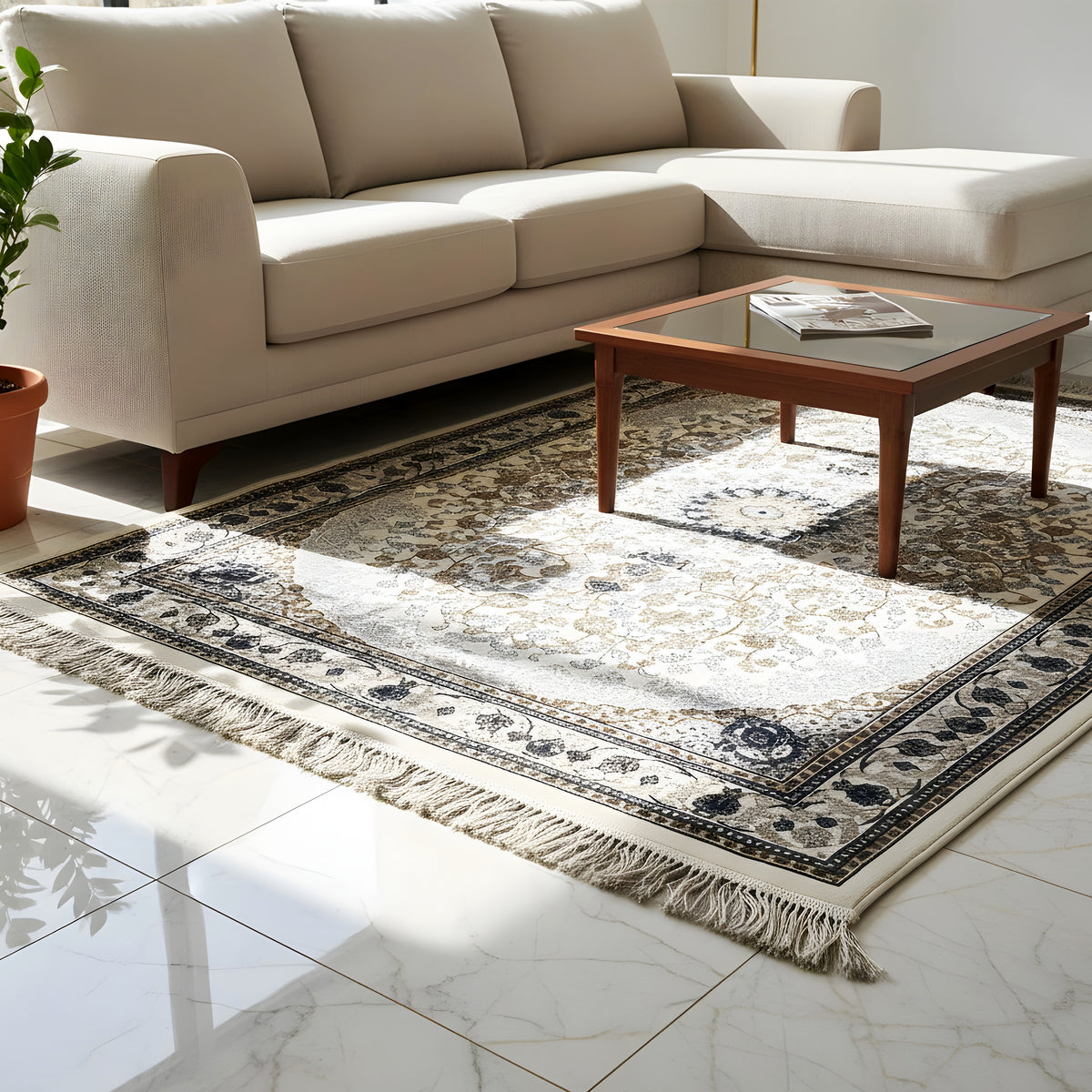 Rectangular Oriental rug, cream/gold & dark blue, central medallion, fringe