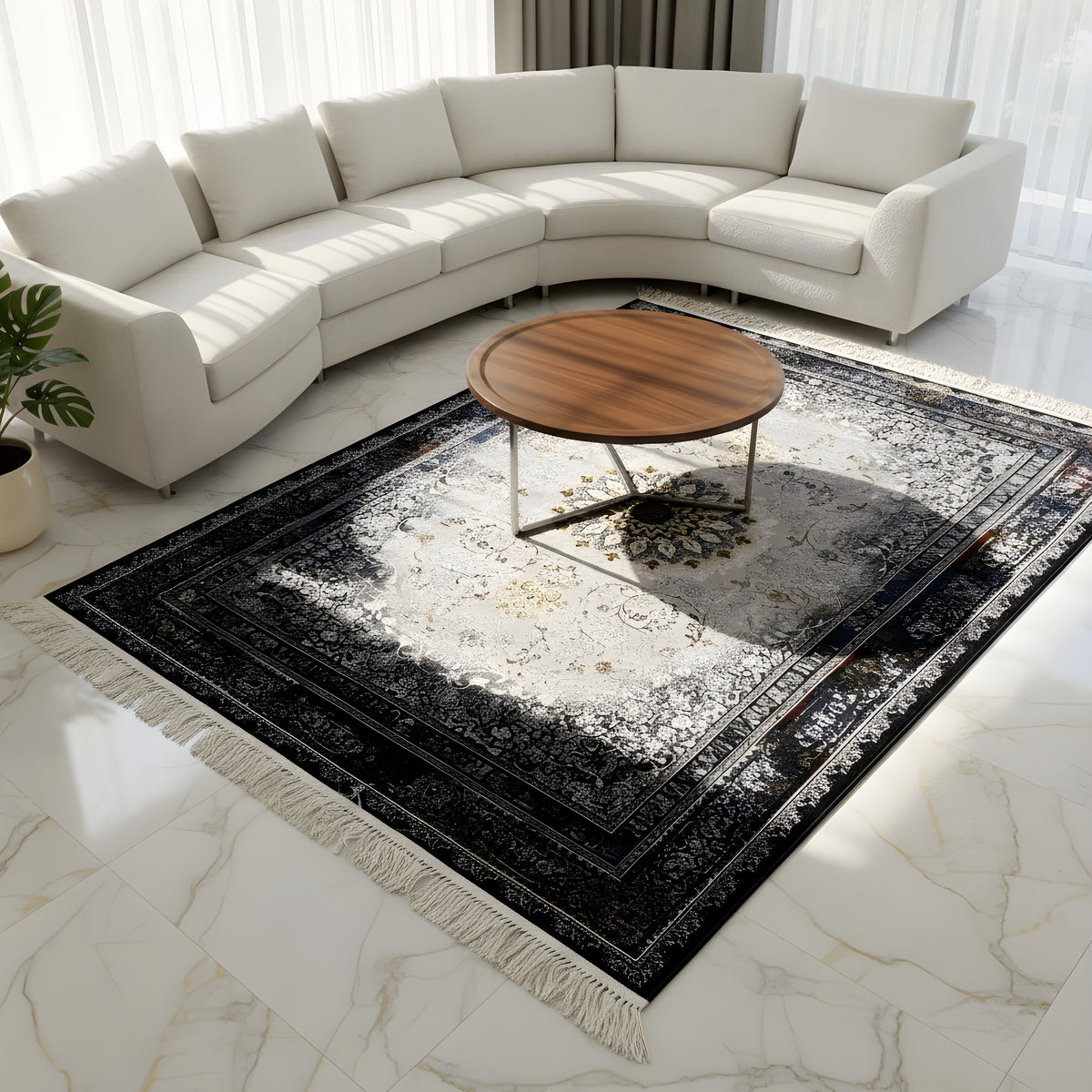 Rug with medallion design, dark blue-black border, beige ornament, fringes