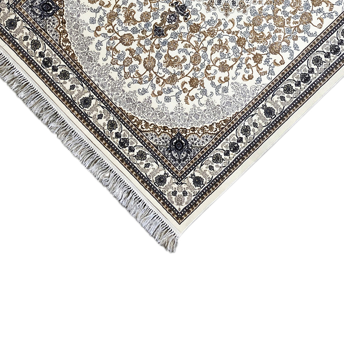 Detail: Leyla Oriental rug with a dark blue border, fringes, and floral ornamentation